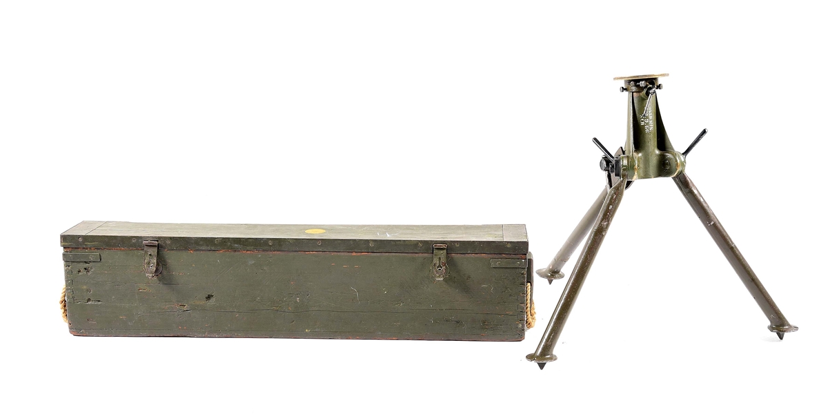 LOT OF 2: VICKERS MK. IV TRIPOD WITH AZIMUTH DISK & VICKERS TRANSIT CHEST.