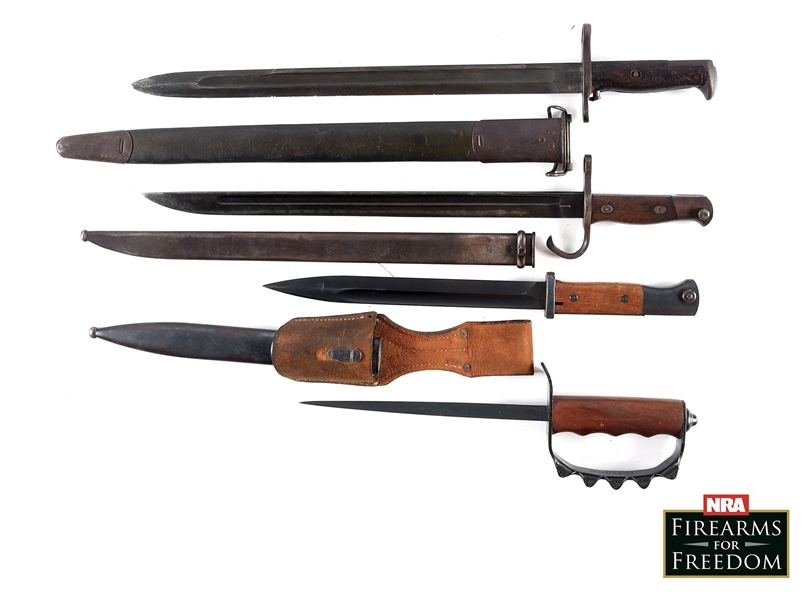 LOT OF 4: US WWI M1917 TRENCH KNIFE, WWI SPRINGFIELD M1905 BAYONET, JAPANESE ARISAKA BAYONET, AND GERMAN WWII MATCHING K98 BAYONET.