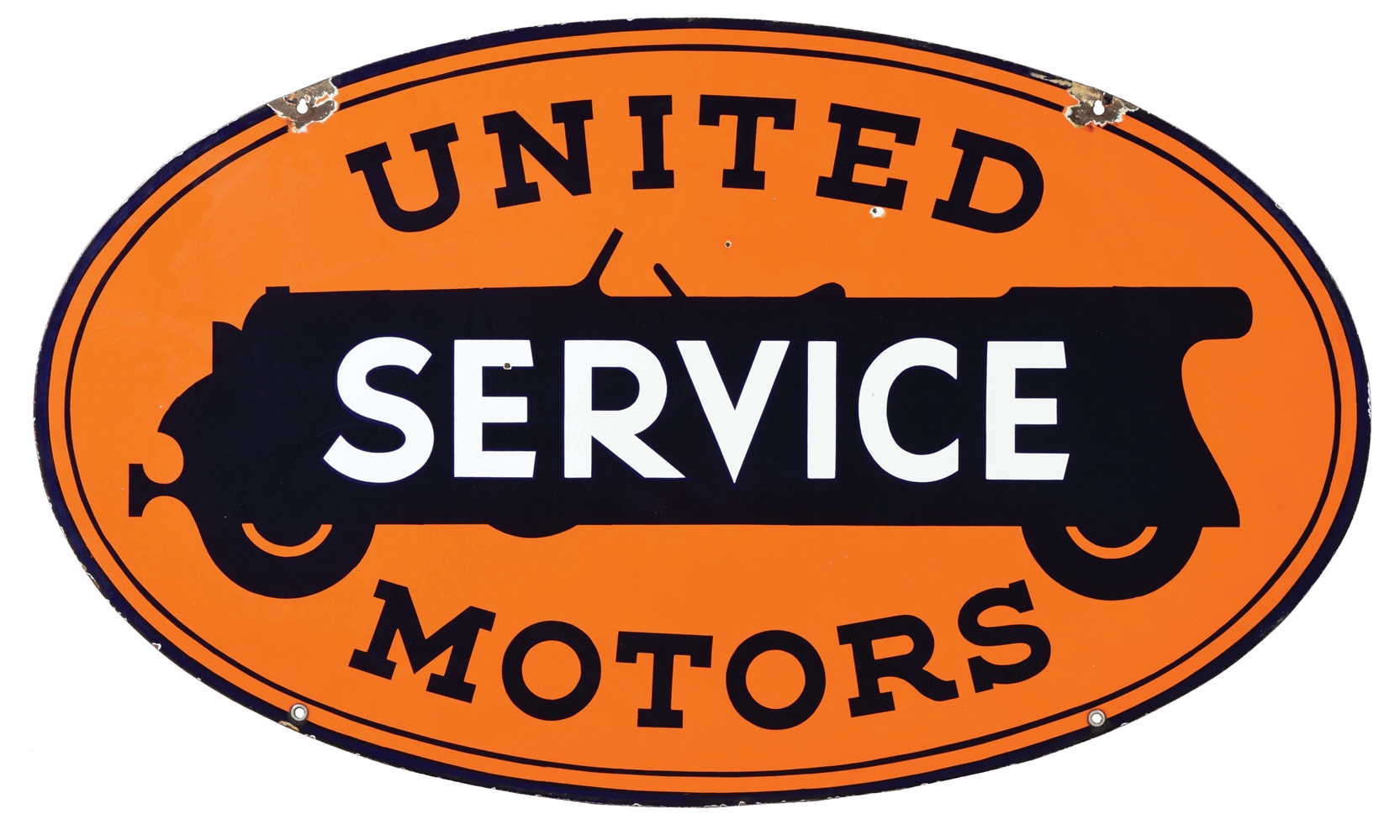 UNITED MOTORS SERVICE PORCELAIN SIGN W/ AUTOMOBILE GRAPHIC. 