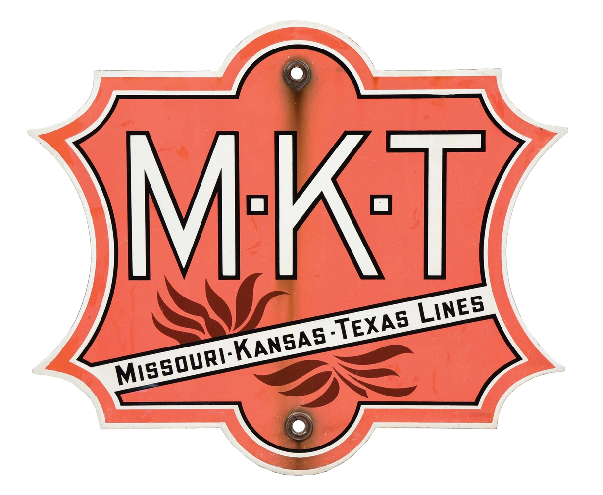 RARE M-K-T MISSOURI KANSAS TEXAS LINES PORCELAIN RAILROAD SIGN.