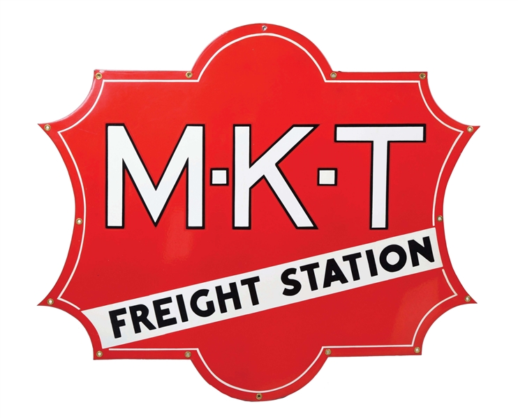 RARE M-K-T MISSOURI KANSAS TEXAS LINES FREIGHT STATION PORCELAIN RAILROAD SIGN.