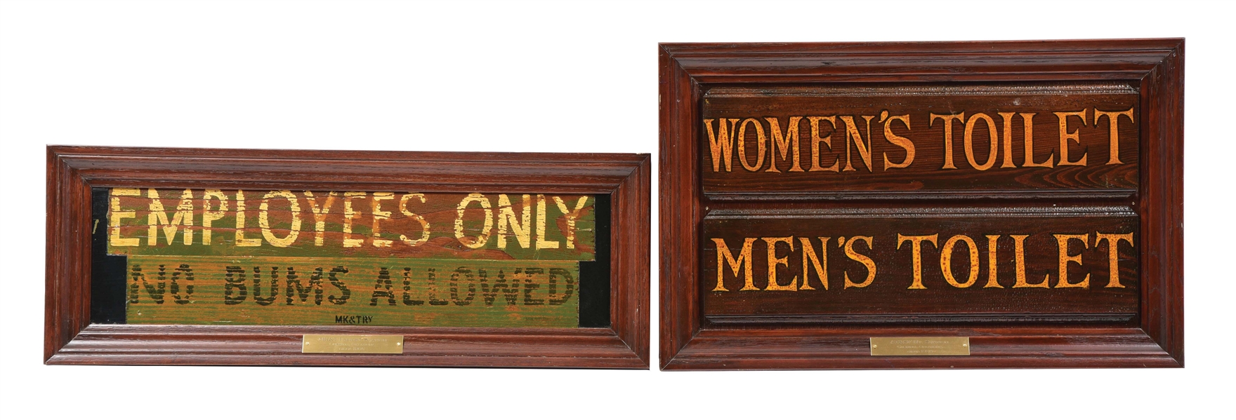 LOT OF 2: TOILET & EMPLOYEES ONLY WOODEN RAILROAD SIGNS.