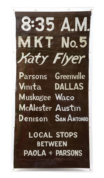 M-K-T RAILROAD KATY FLYER HAND PAINTED DESTINATION BANNER. 