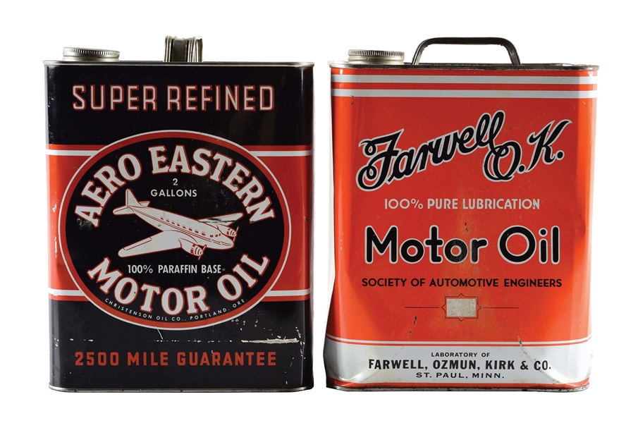 LOT OF 2: AERO EASTERN & FARWELL MOTOR OILS TWO GALLON CANS. 