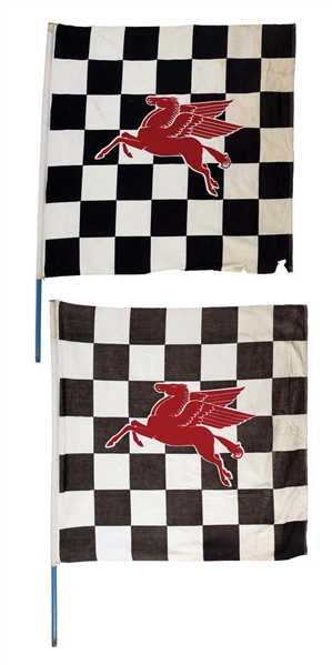 LOT OF 2: MOBIL PEGASUS CHECKERED SERVICE STATION FLAGS W/ PEGASUS GRAPHIC. 