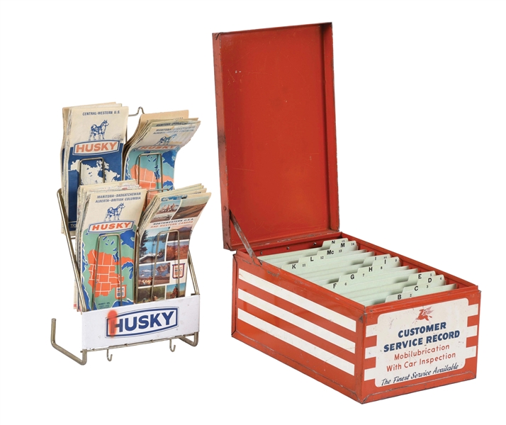 LOT OF 2: MOBIL CUSTOMER SERVICE RECORD STORAGE BOX & HUSKY SERVICE STATION ROAD MAP DISPLAY. 