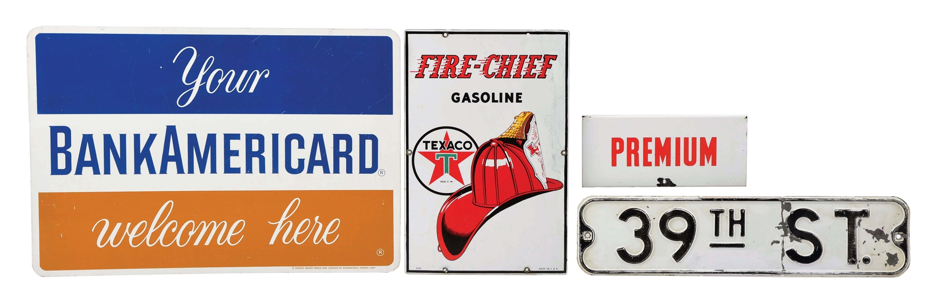 LOT OF 4: TIN & PORCELAIN SIGNS FROM TEXACO & BANK AMERICARD. 