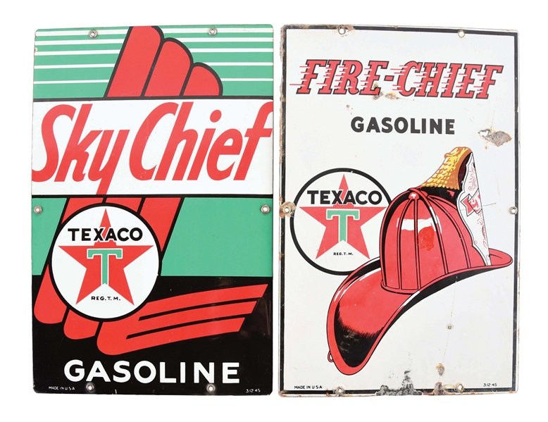 LOT OF 2: TEXACO FIRE CHIEF & SKY CHIEF PORCELAIN PUMP PLATE SIGNS. 
