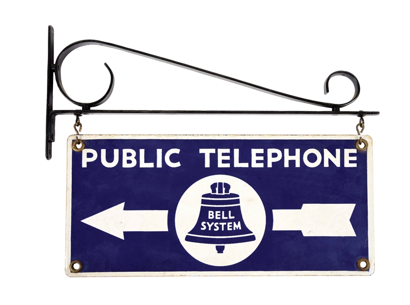 PUBLIC TELEPHONE PORCELAIN SIGN W/ IRON HANGING BRACKET. 