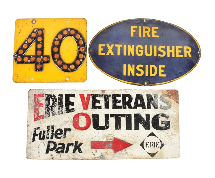 LOT OF 3: TIN & PORCELAIN SIGNS FOR FIRE EXTINGUISHER & ERIE RAILROAD. 