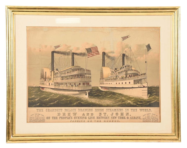 CURRIER & IVES DREW AND ST. JOHN STEAMBOAT PASSING ON THE HUDSON FRAMED LITHOGRAPH.