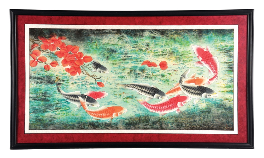 FRAMED PAINTING FISH IN KOI POND.