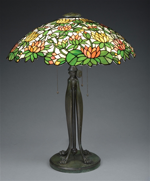 SUESS MONUMENTAL LEADED GLASS WATER LILY TABLE LAMP.