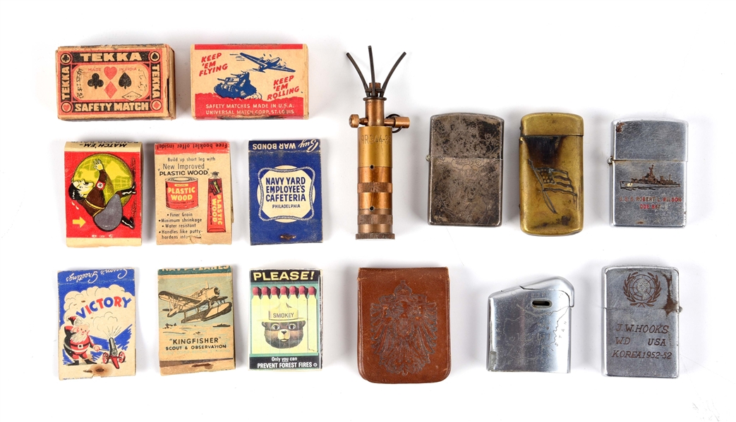 LOT OF US WWII AND POST WWOO PATRIOTIC MATCHBOOKS AND LIGHTERS.