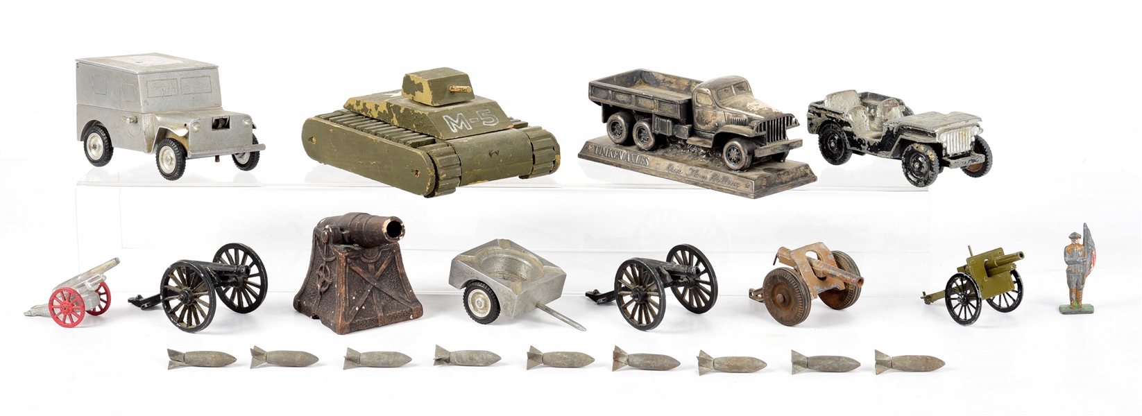 LOT OF VARIOUS WWII ERA MODEL VEHICLES AND CANNONS.