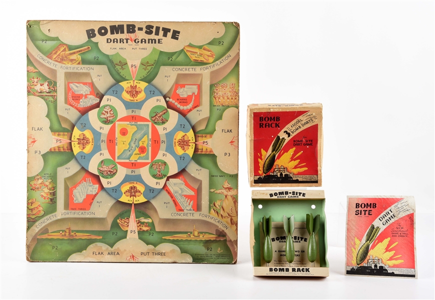 US WWII BOMB-SITE DART GAME COMPLETE WITH BOMB RACK BOMBS.