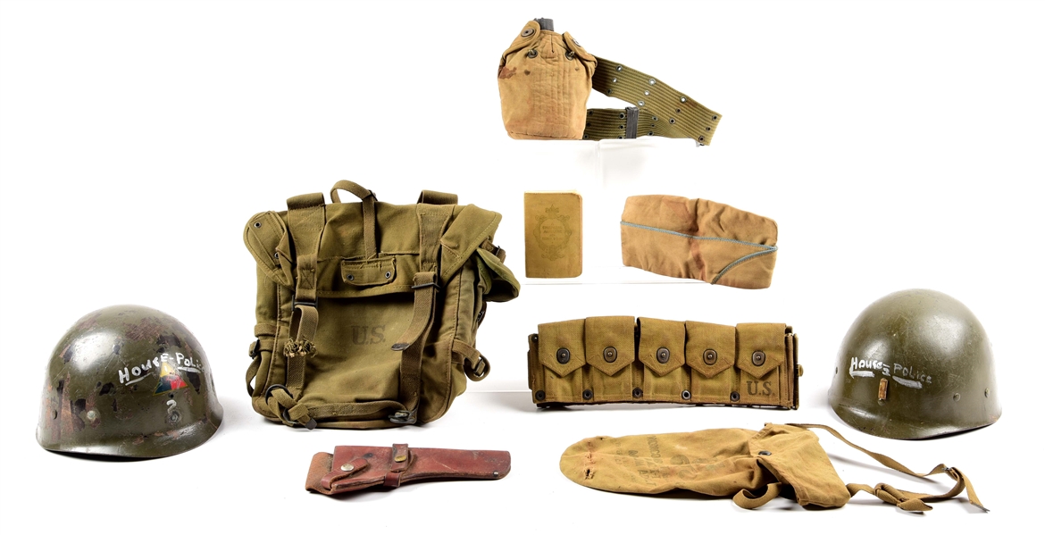 IDD LOT OF US WWII FIELD GEAR AND HELMET LINERS.