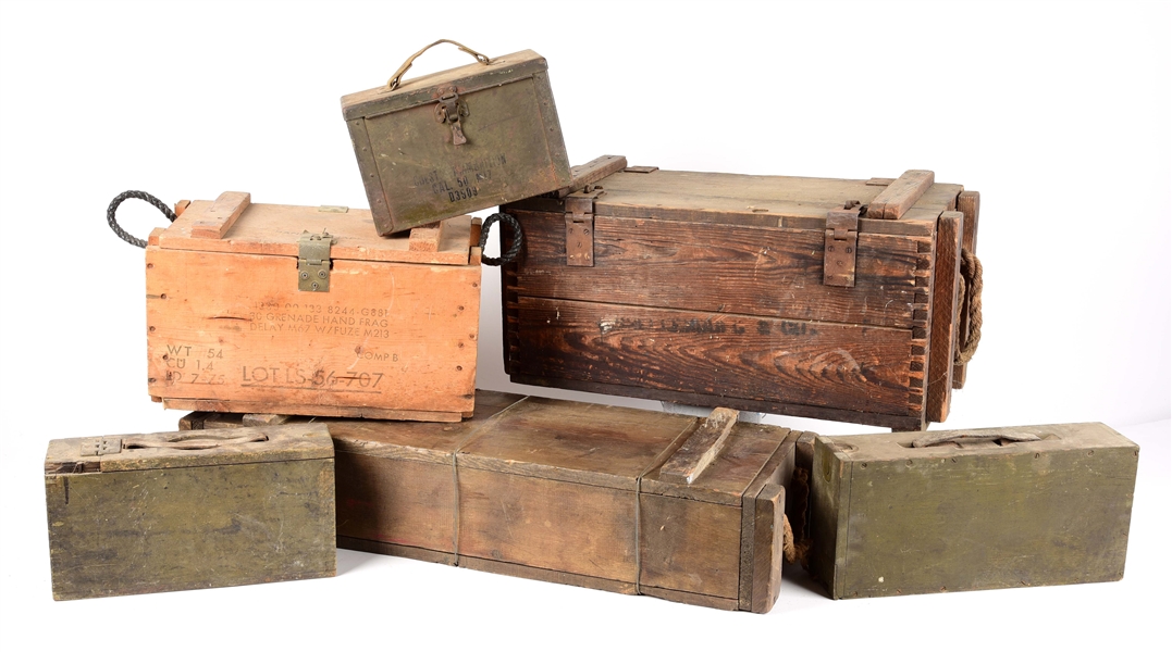 LOT OF 6: AMMO CRATES AND BOXES. 