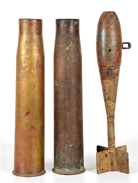 LOT OF 3: TWO US WWII 90MM ARTILLERY SHELL CASINGS AND ONE COLD WAR PRACTICE BOMB.