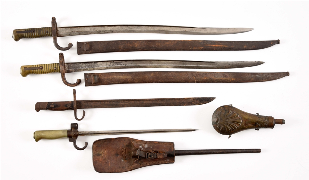 LOT OF 5: FOUR BAYONETS AND ONE POWDER FLASK.