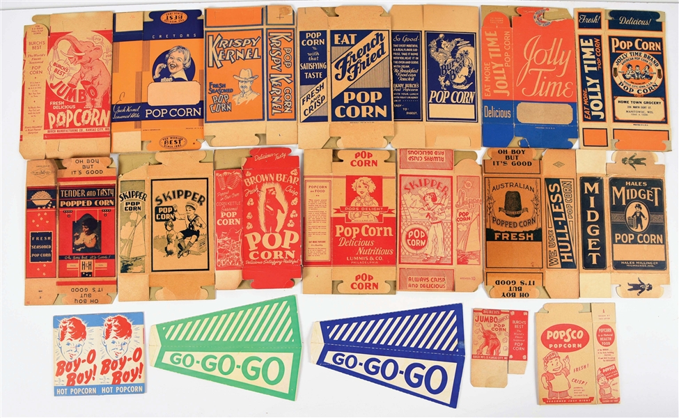 AN AMAZING COLLECTION OF 72 POPCORN BOXES AND BAGS.