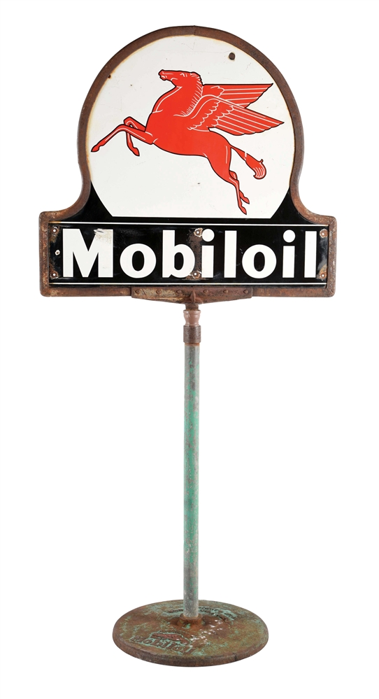 MOBILOIL PORCELAIN KEYHOLE LOLLIPOP SIGN WITH PEGASUS GRAPHIC ON MOBILOIL CAST BASE. 