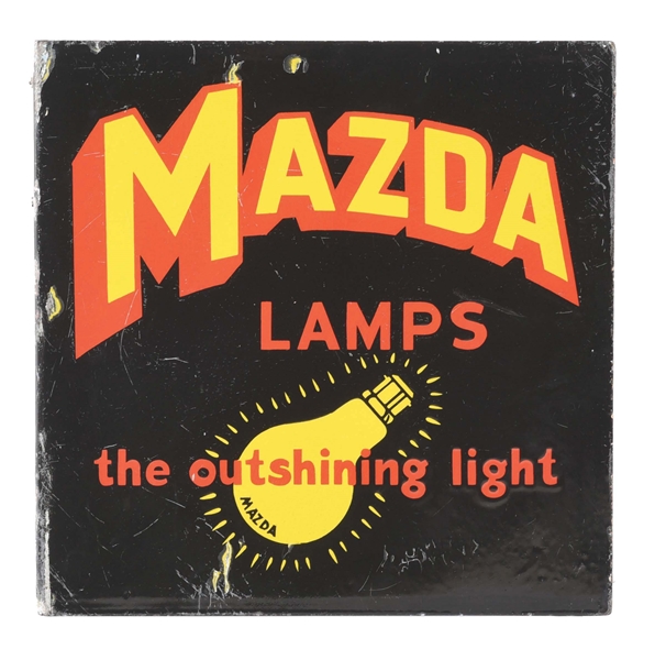 MAZDA LAMPS PORCELAIN FLANGE SIGN W/ LIGHT BULB GRAPHIC.