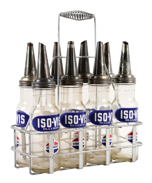 SET OF EIGHT STANDARD ISO-VIS MOTOR OIL GLASS SERVICE STATION BOTTLES W/ CARRIER.