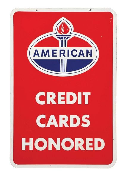 AMERICAN GASOLINE CREDIT CARDS HONORED PORCELAIN SERVICE STATION SIGN. 