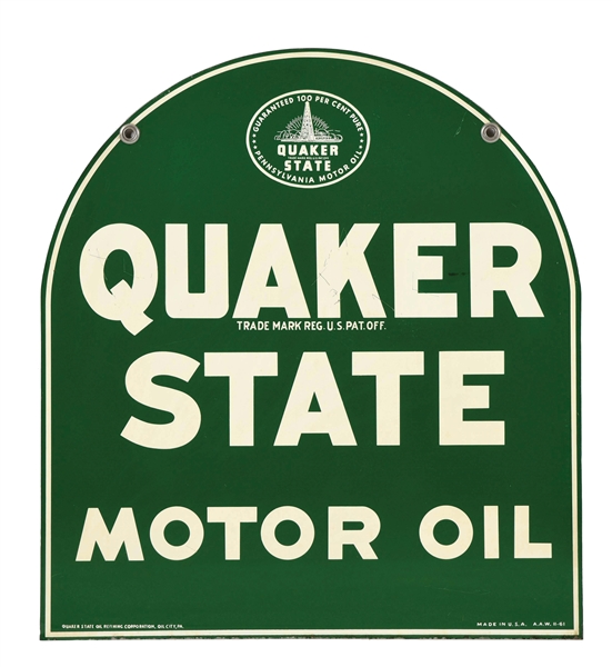 QUAKER STATE MOTOR OIL TIN TOMBSTONE SERVICE STATION SIGN. 
