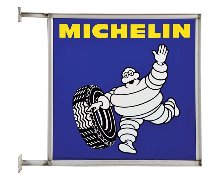 MICHELIN TIRES PORCELAIN SERVICE STATION SIGN W/ ORIGINAL METAL HANGING BRACKET. 