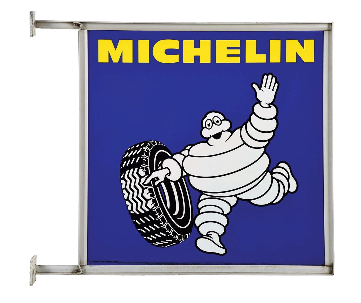 MICHELIN TIRES PORCELAIN SERVICE STATION SIGN W/ ORIGINAL METAL HANGING BRACKET. 