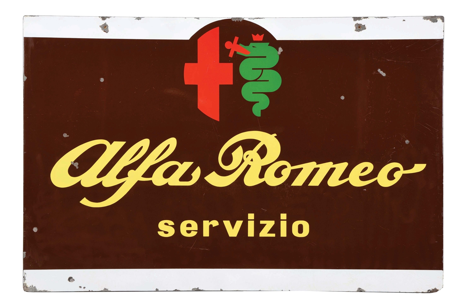 ALFA ROMEO SERVIZIO PORCELAIN SIGN W/ CREST GRAPHIC AND COOKIE CUTTER EDGE. 