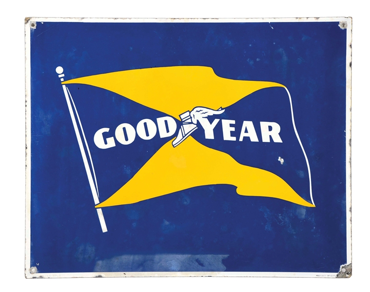 GOODYEAR TIRES PORCELAIN SERVICE STATION SIGN W/ FLAG GRAPHIC. 