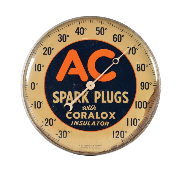 AC SPARK PLUGS TIN ADVERTISING THERMOMETER W/ GLASS BUBBLE FACE. 