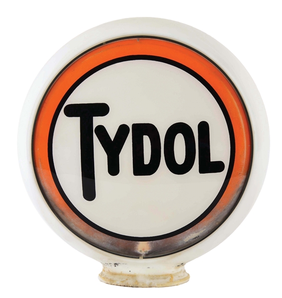 TYDOL GASOLINE COMPLETE 13.5" GLOBE ON BANDED MILK GLASS BODY. 