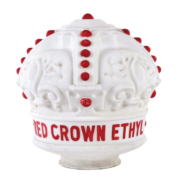 RED CROWN ETHYL GASOLINE ONE PIECE CAST MILK GLASS CROWN GLOBE. 