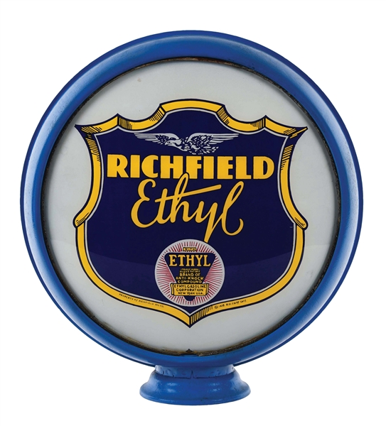 RICHFIELD ETHYL GASOLINE COMPLETE 15" GLOBE ON ORIGINAL HIGH PROFILE METAL BODY. 