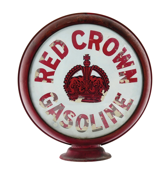 RED CROWN GASOLINE COMPLETE 15" NON FIRED GLOBE ON ORIGINAL HIGH PROFILE METAL BODY. 