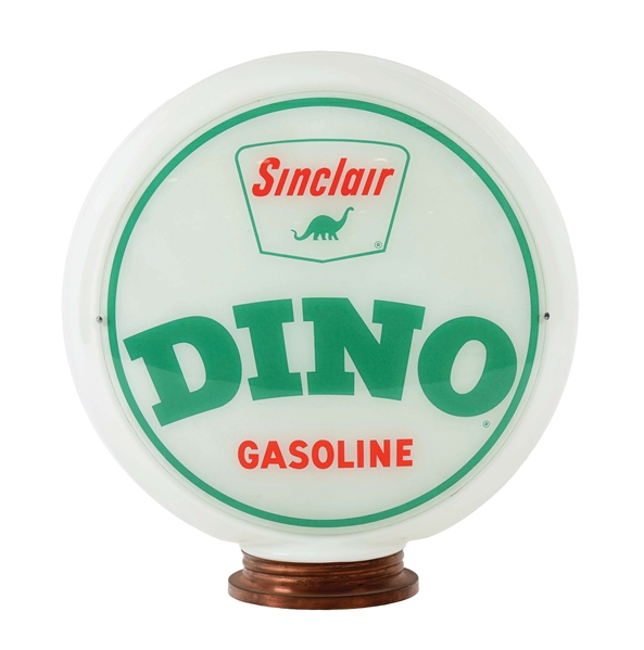 SINCLAIR DINO GASOLINE SINGLE 13.5" GLOBE LENS ON NARROW MILK GLASS BODY W/ SCREW BASE. 