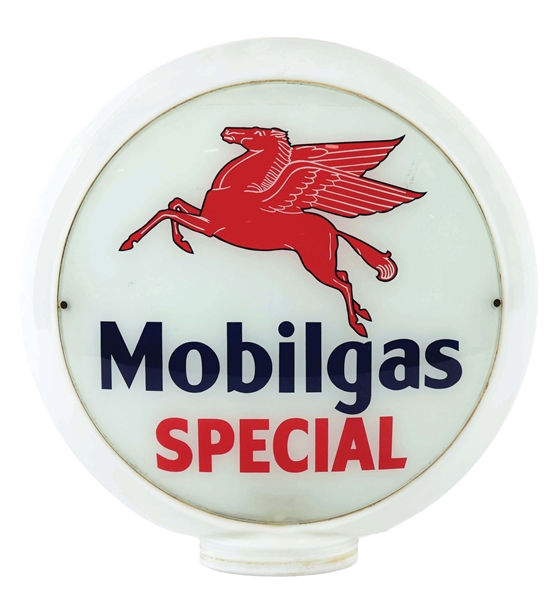 MOBILGAS SPECIAL COMPLETE 13.5" GLOBE ON NARROW MILK GLASS BODY W/ SCREW BASE. 