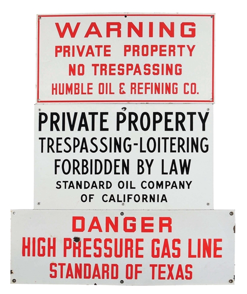 LOT OF 3: PORCELAIN WARNING & TRESPASSING SIGNS FROM HUMBLE & STANDARD OIL. 