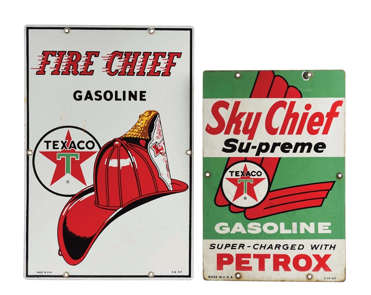 LOT OF 2: TEXACO SKY CHIEF & FIRE CHIEF GASOLINE PORCELAIN PUMP PLATE SIGNS. 