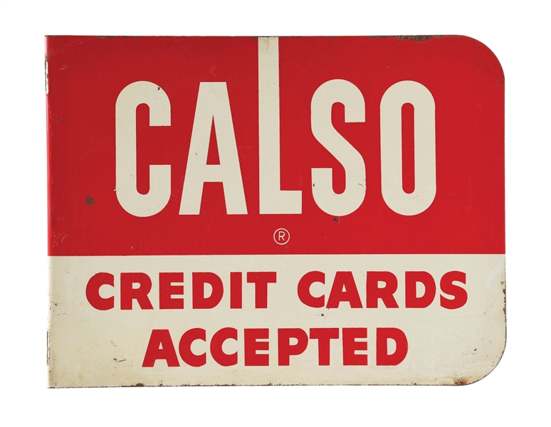 CALSO CREDIT CARDS ACCEPTED TIN SERVICE STATION FLANGE SIGN. 