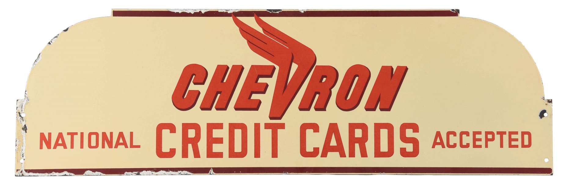 CHEVRON CREDIT CARDS ACCEPTED PORCELAIN SERVICE STATION SIGN.