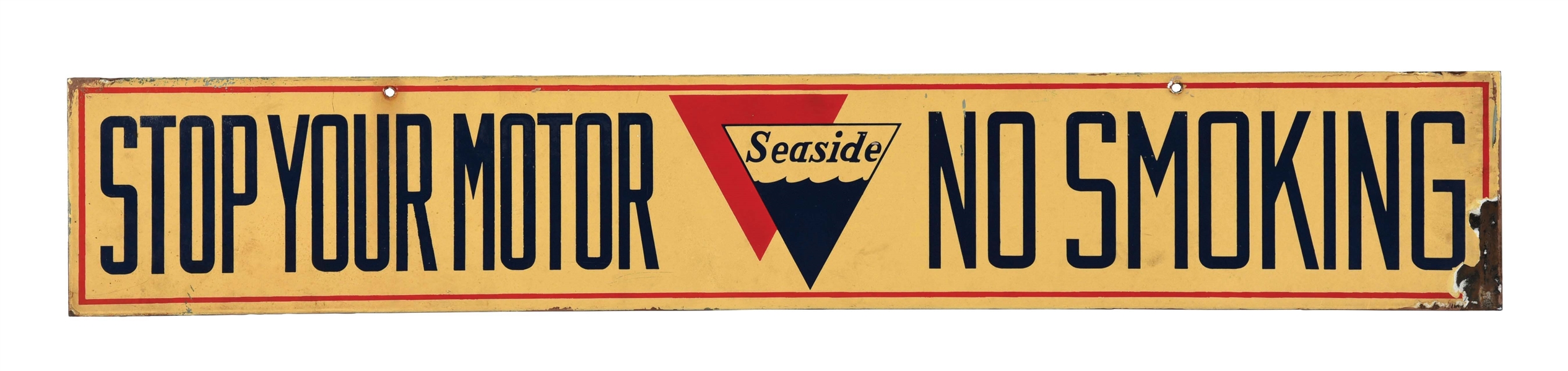 SEASIDE GASOLINE STOP YOUR MOTOR NO SMOKING PORCELAIN SIGN. 