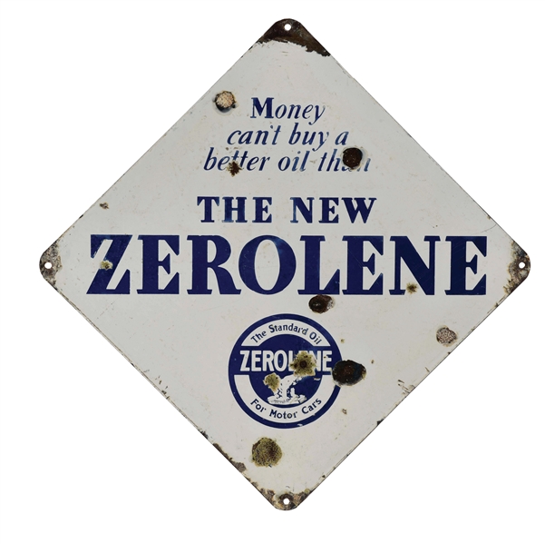 THE NEW ZEROLENE MOTOR OILS PORCELAIN SERVICE STATION SIGN W/ POLAR BEAR GRAPHIC. 