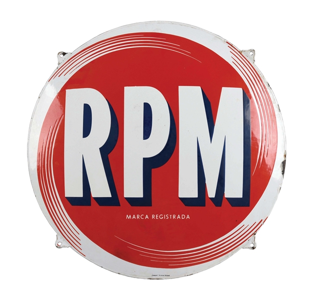 RPM MOTOR OILS CONVEX PORCELAIN SERVICE STATION SIGN W/ MOUNTING TABS. 