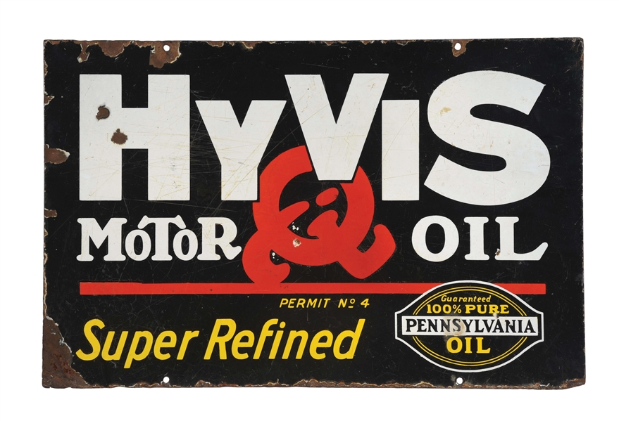HYVIS MOTOR OILS PORCELAIN SERVICE STATION CURB SIGN. 