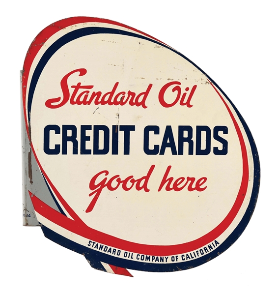 RARE STANDARD OIL OF CALIFORNIA CREDIT CARDS GOOD HERE TIN FLANGE SIGN.